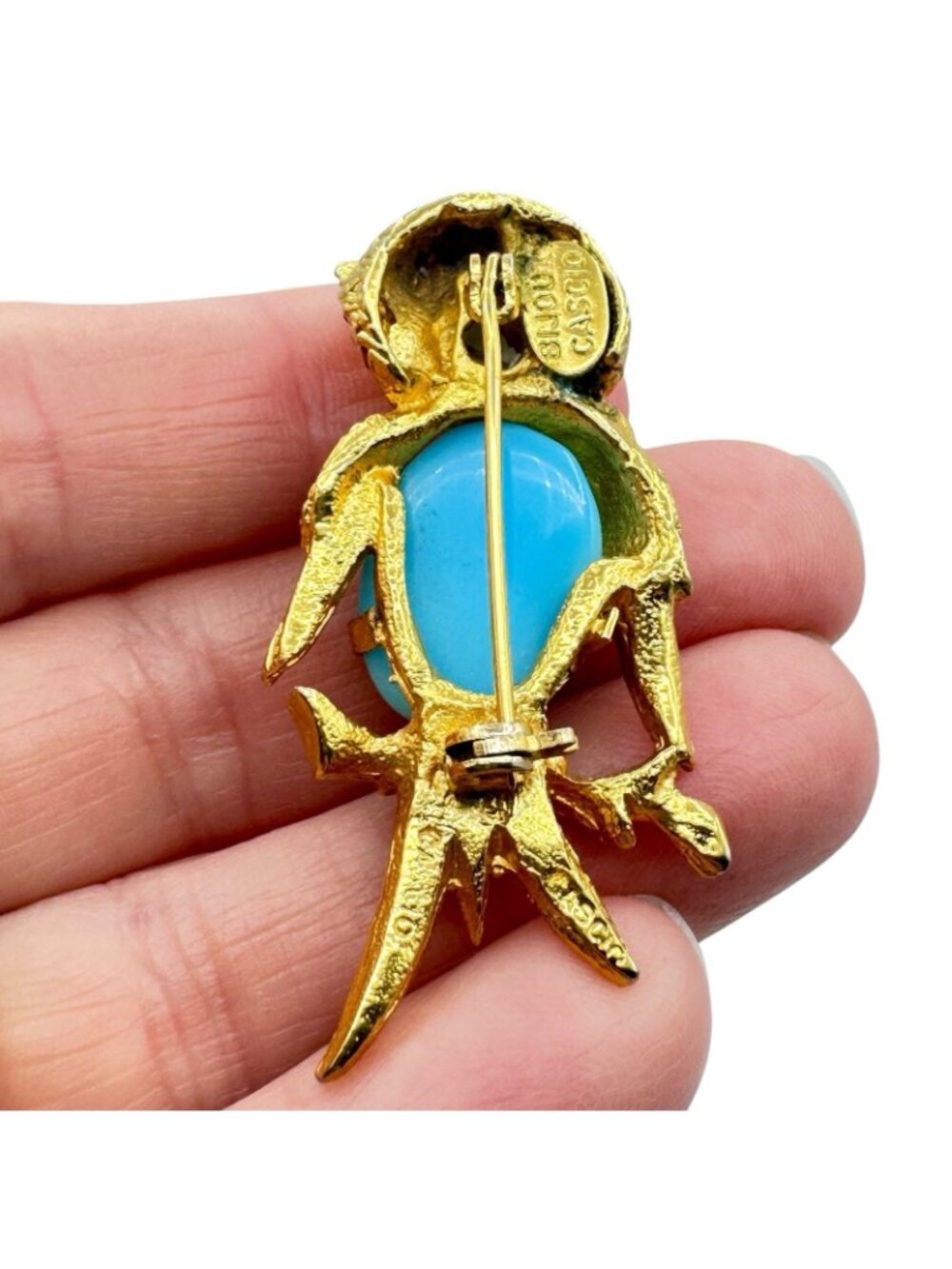 Vintage Bijoux Cascio Owl Brooch Gold-Tone Figural Blue Art Glass Belly Italy - Picture 7 of 9